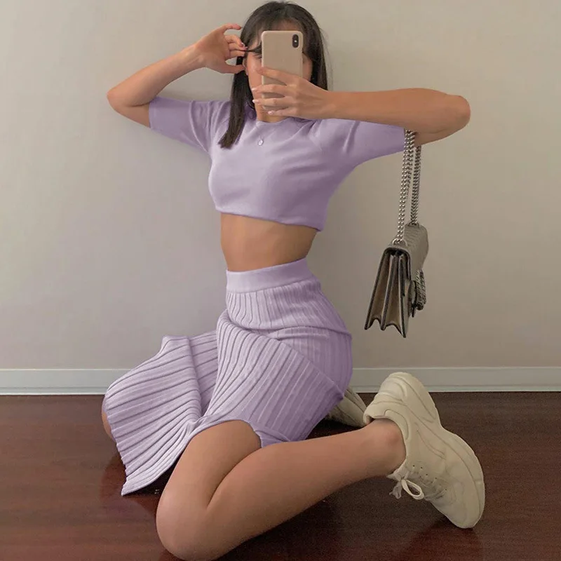 Women Knitted Two Piece Set Short Sleeve Sweater T-shirts Crop Tops and Split Midi Skirts Fashion Sexy Casual Outfits
Women Knitted Two Piece Set Short Sleeve Sweater T-shirts Crop Tops and Split Midi Skirts Fashion Sexy Casual Outfits