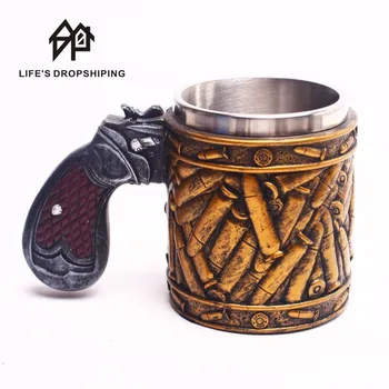 

400ml Gun Mugs Revolver Gun Pistol Tankard Mug Stainless Steel Resin Cups With Ammo Bullet Round Coffee Cup Drinkware