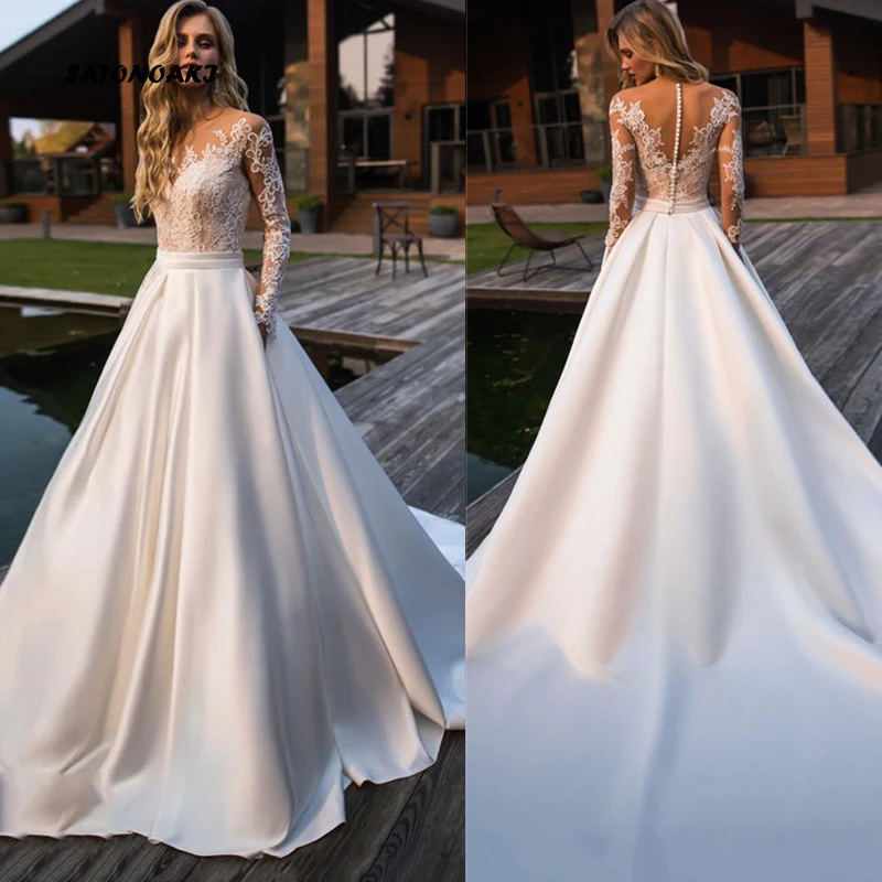 SATONOAKI Elegant Lace Wedding Dress Vestidos de novia 2019 Simple A Line Bridal Dress Satin Romantic Floor Length Wedding Gowns 
SATONOAKI Elegant Lace Wedding Dress Vestidos de novia 2019 Simple A Line Bridal Dress Satin Romantic Floor Length Wedding Gowns