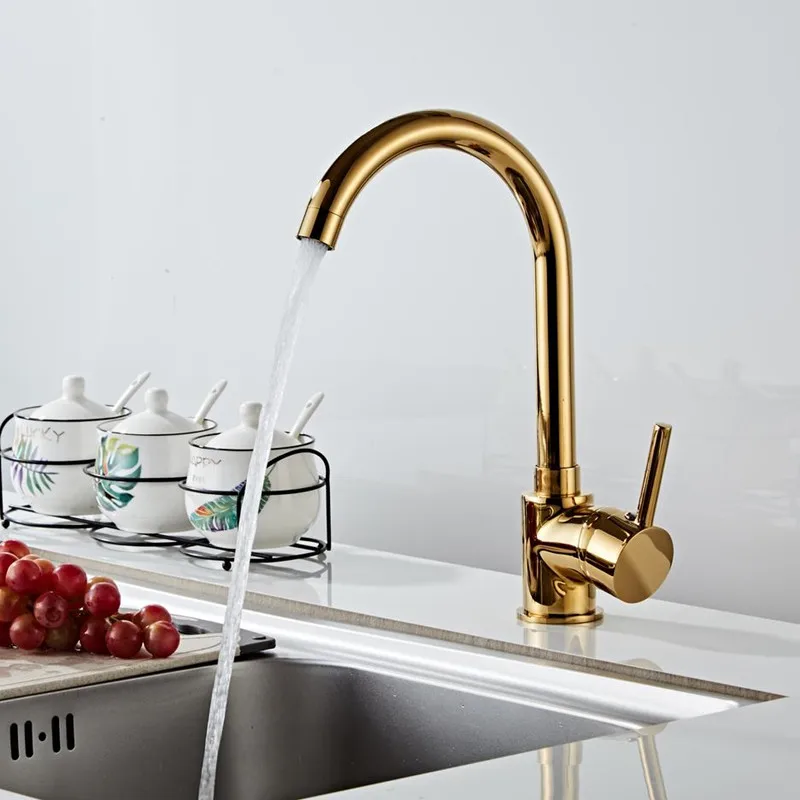 Фото Deck Mount Brushed Gold Kitchen Faucet 360 degree rotation kitchen mixer taps Tap Hot and Cold Water Mixer Taps HY-1773 | Обустройство