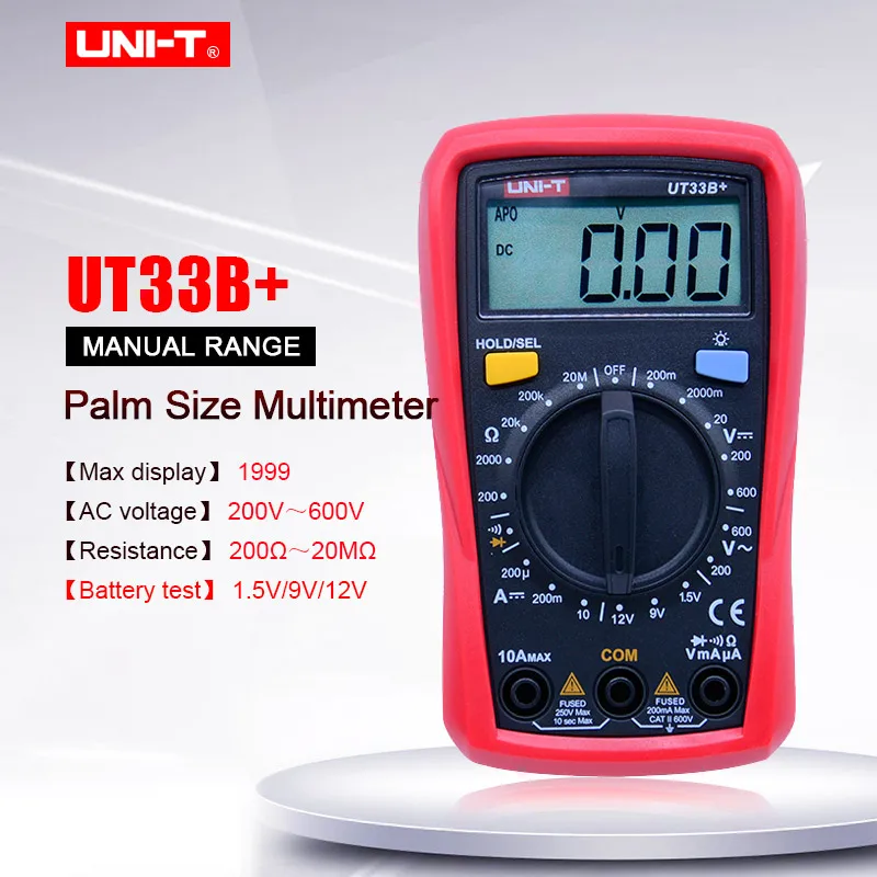 UNI-T UT33B+ Palm size Digital Multimeter AC DC voltage DC current Resistance Diode test/Continuity buzzer/LCD backlight
UNI-T UT33B+ Palm size Digital Multimeter AC DC voltage DC current Resistance Diode test/Continuity buzzer/LCD backlight