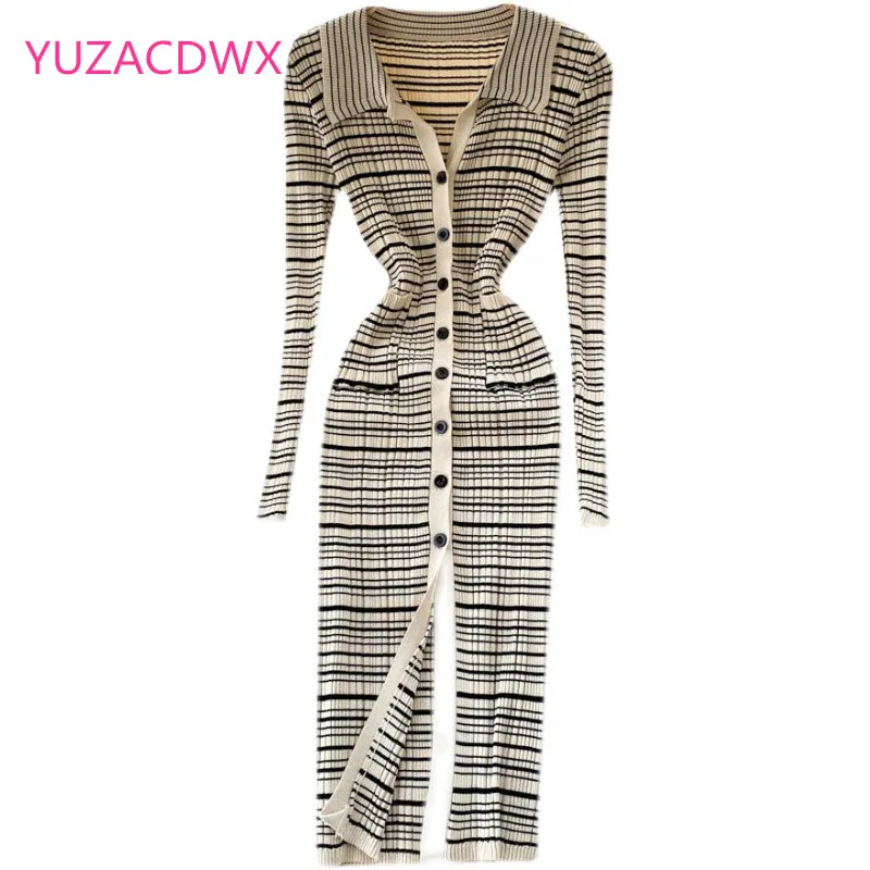 Vintage Stripe Knit Dresses Women Single Breasted Turndown-Collar Slim Dress Autumn Winter Bodycon Split Sweater Dress
Vintage Stripe Knit Dresses Women Single Breasted Turndown-Collar Slim Dress Autumn Winter Bodycon Split Sweater Dress