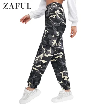 

ZAFUL Women Solid Chain Flap Pockets Jogger Pants High Waisted Chains Camouflage Cargo Pants Hot Sale 2019 Fashion Girls