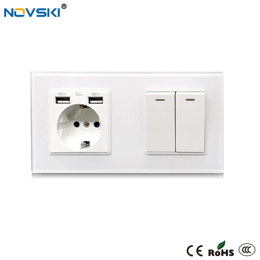 NOVSKI German Electrical Socket USB 2100mA 2 Gang Power Rocker Switch, Crystal Tempered Glass Panel 16A Socket 86*172mm White
NOVSKI German Electrical Socket USB 2100mA 2 Gang Power Rocker Switch, Crystal Tempered Glass Panel 16A Socket 86*172mm White