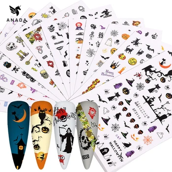 

ANADA 12Pcs Halloween Nail Stickers Bat Witch Sticker Nail Art Design Water Transfer Sliders Decals Nail Sticker Set