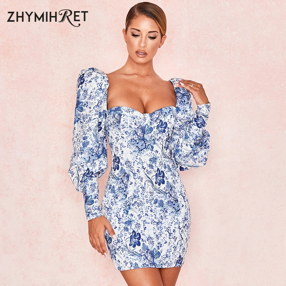 ZHYMIHRET Elegant Blue And White Print Puff Sleeve Pencil Dress Women Long Slash Neck Floral Bodycon Vestidos 2019 Autumn | Женская