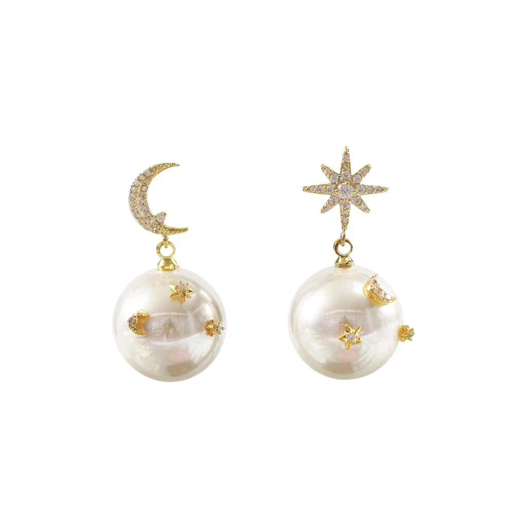 

LANFLORA fashion stars and moon Romantic pearl women earrings copper alloy earrings Classic bulk wholesale earrings