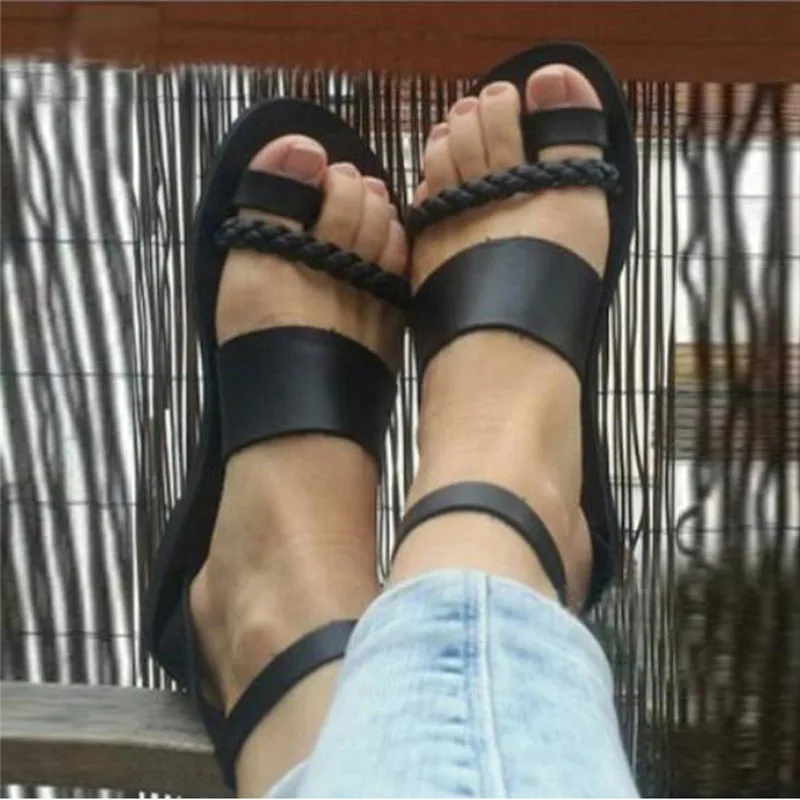 

Women PU Leather Buckle Strap Solid Sandals Vintage Summer Anti-Slip Toe Post Casual Sandal Roman Beach Gladiator Shoes #40