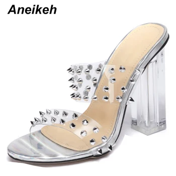 

Aneikeh High-quality Rivet Flip Flops Shoes Woman Heeled Slippers PVC peep-toe Slip-on Thin High Heels Lady Fashion Party Pumps