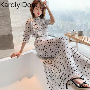 Summer Dot Print Two Piece Outfits Women Ruffles O-neck Button Shirts Tops + Pleats Wide Leg Pants Suits Chiffon 2 Pieces Sets
Summer Dot Print Two Piece Outfits Women Ruffles O-neck Button Shirts Tops + Pleats Wide Leg Pants Suits Chiffon 2 Pieces Sets