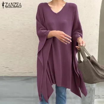

ZANZEA 2020 Fashion Spring Tops women's Asymmetrical Blouse Casual 3/4 Sleeve Blusas Poncho Female V Neck Cape Plus Size Tunic