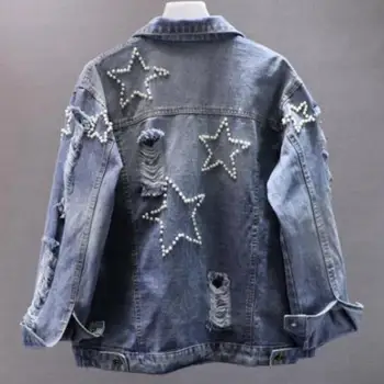 Beading Pearl Denim Jacket Women Pearl Jean Jackets Casual Fashion Ripped Hole Turn Down Collar Denim Coat Plus Size 
Beading Pearl Denim Jacket Women Pearl Jean Jackets Casual Fashion Ripped Hole Turn Down Collar Denim Coat Plus Size