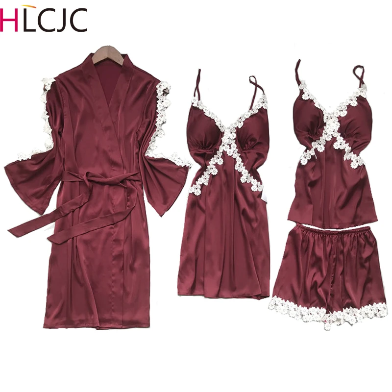 2020 Women Pajamas Sets Satin Sleepwear Silk 4 Pieces Nightwear Pyjama Spaghetti Strap Lace Sleep Lounge Pijama With Chest Pads
2020 Women Pajamas Sets Satin Sleepwear Silk 4 Pieces Nightwear Pyjama Spaghetti Strap Lace Sleep Lounge Pijama With Chest Pads