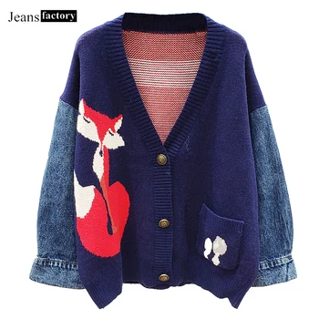 Women Denim Long Sleeve Patchwork Cartoon Fox Knitted Loose Autumn Winter Casual Korean Style Sweater Coat Women Cardigan Female
Women Denim Long Sleeve Patchwork Cartoon Fox Knitted Loose Autumn Winter Casual Korean Style Sweater Coat Women Cardigan Female