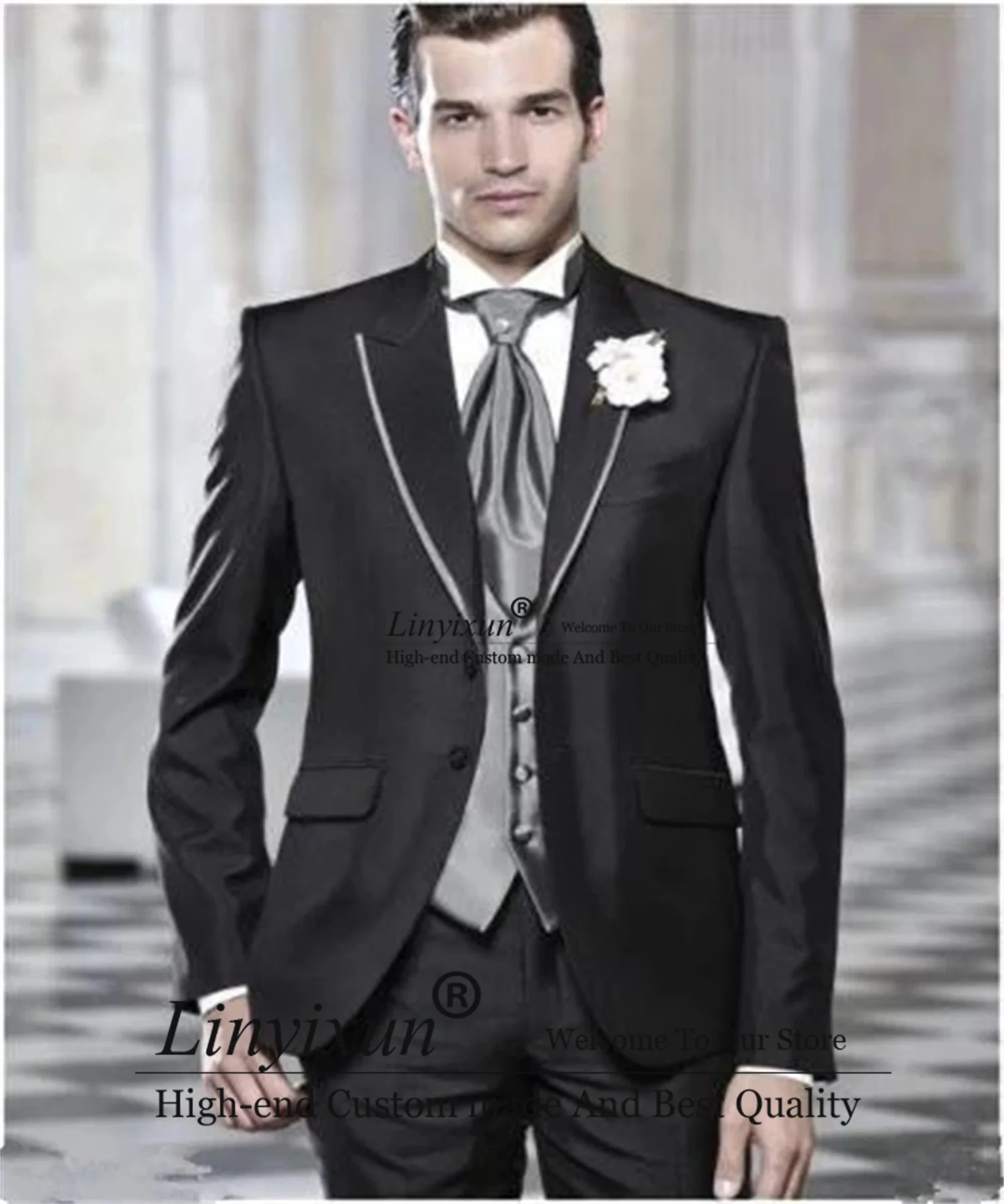 Formal Black Men Suits Peak Lapel Wedding Groom Tuxedos Slim Fit Business Male Blazer Grey Waistcoat Pants Outfit Ropa Hombre
Formal Black Men Suits Peak Lapel Wedding Groom Tuxedos Slim Fit Business Male Blazer Grey Waistcoat Pants Outfit Ropa Hombre