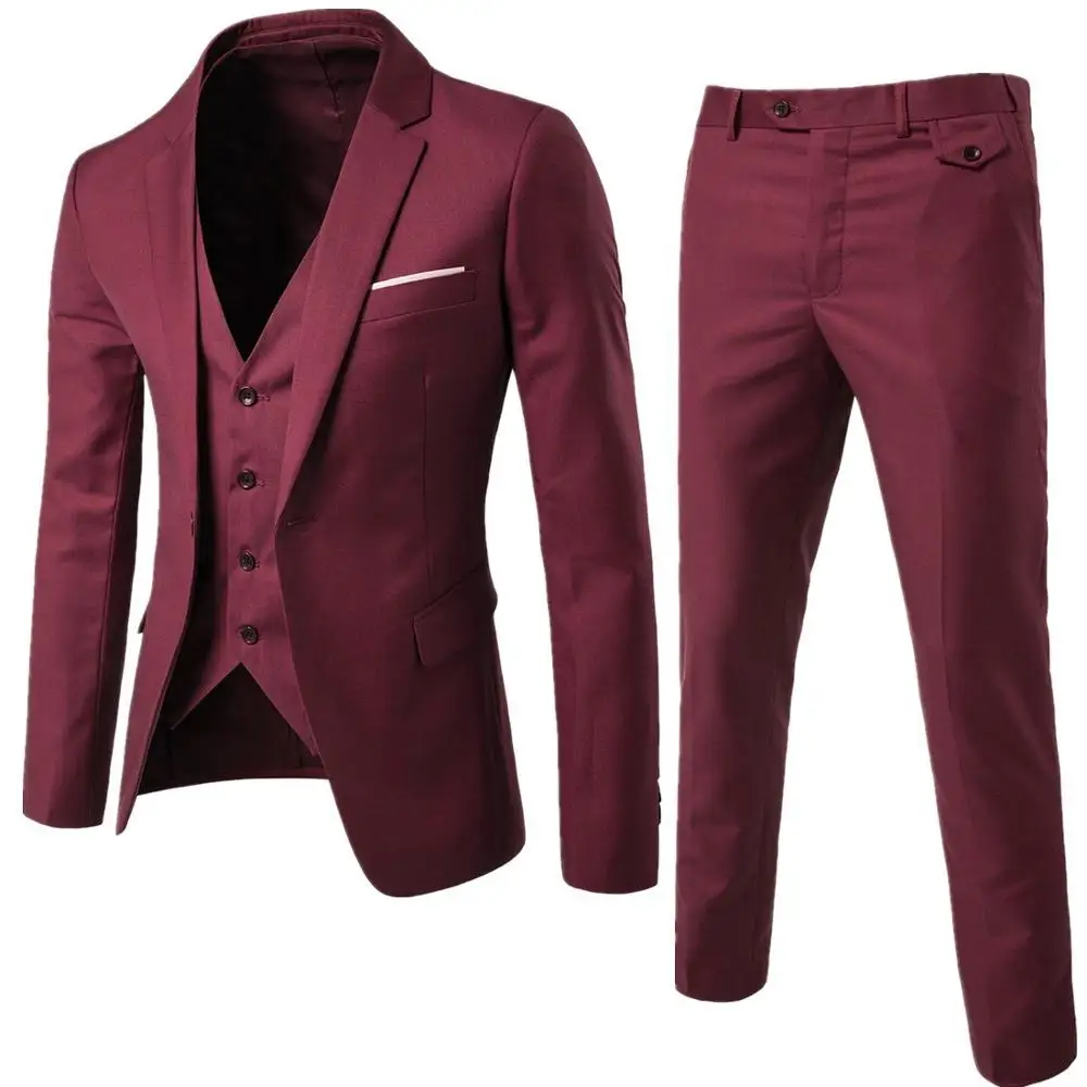 Фото Burgundy Mens Suits Groom Wear Tuxedos 3 Piece Wedding Groomsmen Best Man Formal Business Suit For Men (Jacket+Pant +vest) | Мужская