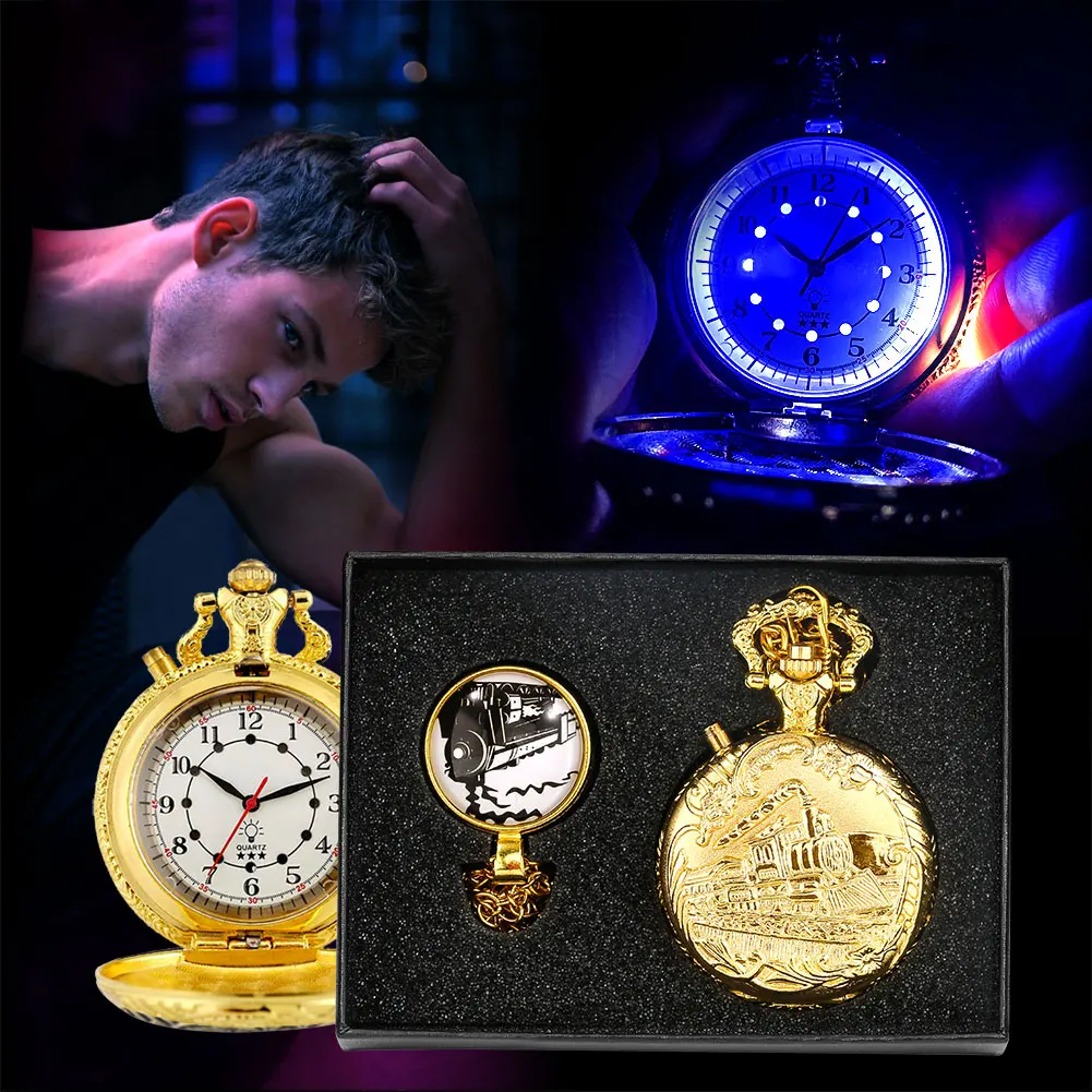 

Роскошные золотистые кварцевые бриллиантовые карманные часы с рисунком поезда ожерелье карманные часы подарочный набор светящиеся белые зеркальные часы