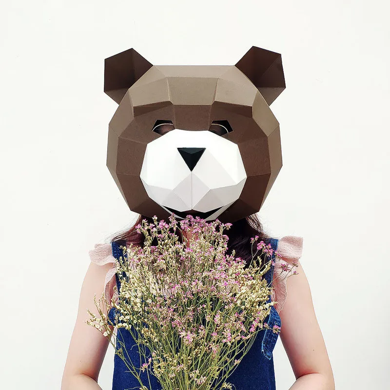 New DIY 3D Smile Teddy Bear Head Paper Mask Headgear Card Model Building Construction Toys Animals Party Show Halloween Props (8)