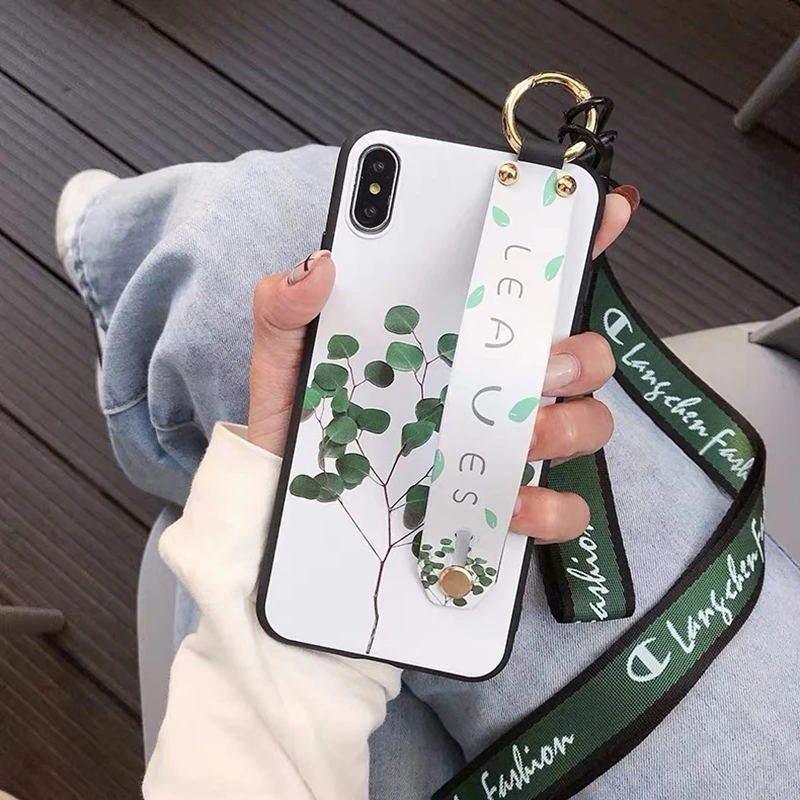 

Flower Tree Phone Holder Case For iphone XR X Xs Max Soft TPU Neck Wrist Strap Lanyard Case Ring Holder For iPhone 6 6s 7 8 Plus