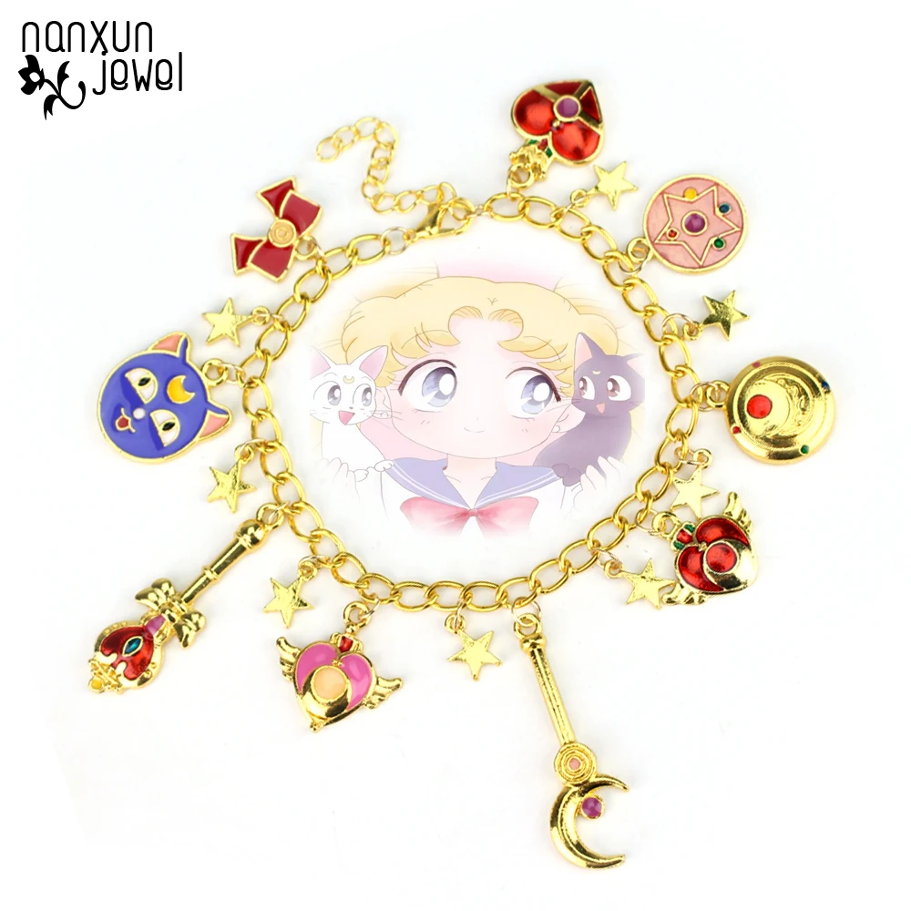 Cartoon Anime Sailor Moon Charm Bracelet Enamel Cat Magic wand Gold color Chain Wristlet Bangle Cosplay Gifts for Women Girl Kid
Cartoon Anime Sailor Moon Charm Bracelet Enamel Cat Magic wand Gold color Chain Wristlet Bangle Cosplay Gifts for Women Girl Kid