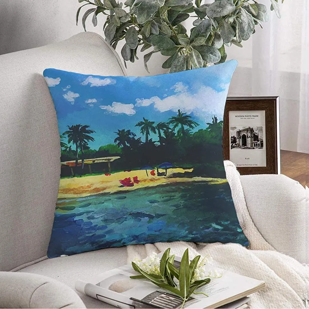 Starolac Throw Pillow Cover Square Cushion Case Water Landscape Blue Island Palm Nature Trees Oil with Painting Pillowcase | Дом и сад