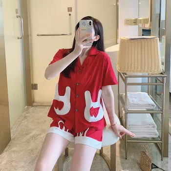 Cartoon Print Women Summer Pajamas Set Loose Casual Sleepwear Short Sleeve Shorts 2pcs Loungewear Turn-down Collar Pyjamas S209
Cartoon Print Women Summer Pajamas Set Loose Casual Sleepwear Short Sleeve Shorts 2pcs Loungewear Turn-down Collar Pyjamas S209