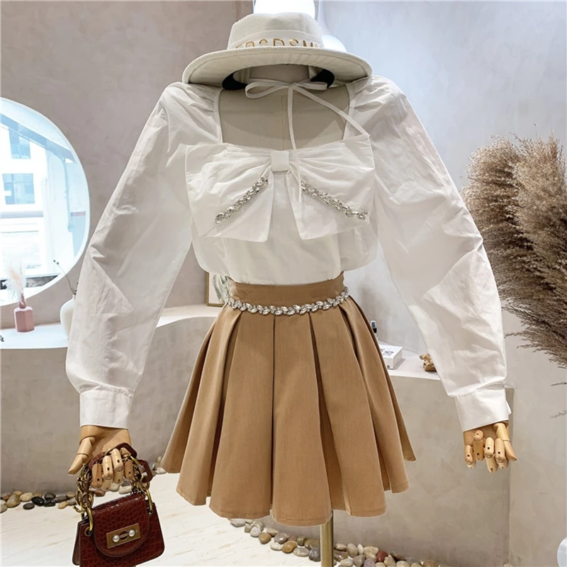 Fashion Diamond OL 2 Piece Set Women Square Collar Bowknot Skirt Blouse Top + Pleated Suits Fall Vintage Two Outfits |