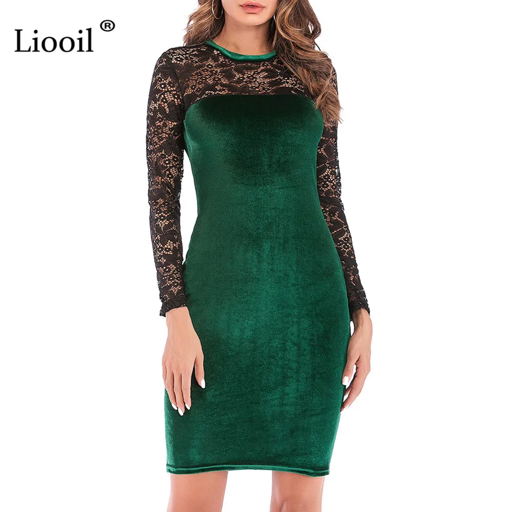 Liooil сексуальное черное кружево вельветовое платье Новый 2021 Весенняя