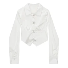 Spring Autumn Temperament Short Long-sleeved Women's White Shirt Metal-breasted All-match Corset Female Blouse Sense Of Luxury 
Spring Autumn Temperament Short Long-sleeved Women's White Shirt Metal-breasted All-match Corset Female Blouse Sense Of Luxury