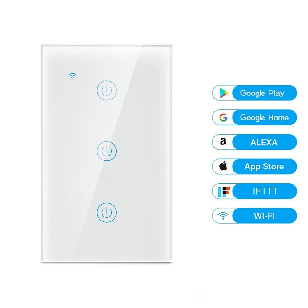 3 Gang Wifi Switch US Standard Smart Phone remote Control Smart Home Toughened Glass Panal Support Alexa Google Home IFTTT
3 Gang Wifi Switch US Standard Smart Phone remote Control Smart Home Toughened Glass Panal Support Alexa Google Home IFTTT