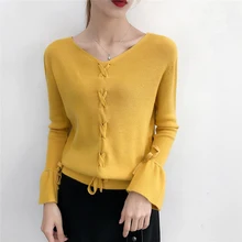 Women Fall Winter Lace Up O-Neck Flare Sleeve Sweater Long Sleeve Knitted Tops Pullovers Black White Basic Tops Knitwear Girl 
Women Fall Winter Lace Up O-Neck Flare Sleeve Sweater Long Sleeve Knitted Tops Pullovers Black White Basic Tops Knitwear Girl