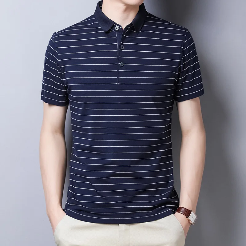 

Мужская приталенная быстросохнущая рубашка-поло, Классическая полосатая рубашка-поло с коротким рукавом, Повседневный хлопковый брендовый легкий синий топ на лето