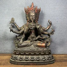 

12"Chinese temple collection Old Bronze Cinnabar Lacquer Three sides and eight arms Guanyin Bodhisattva Sitting Buddha Ornaments