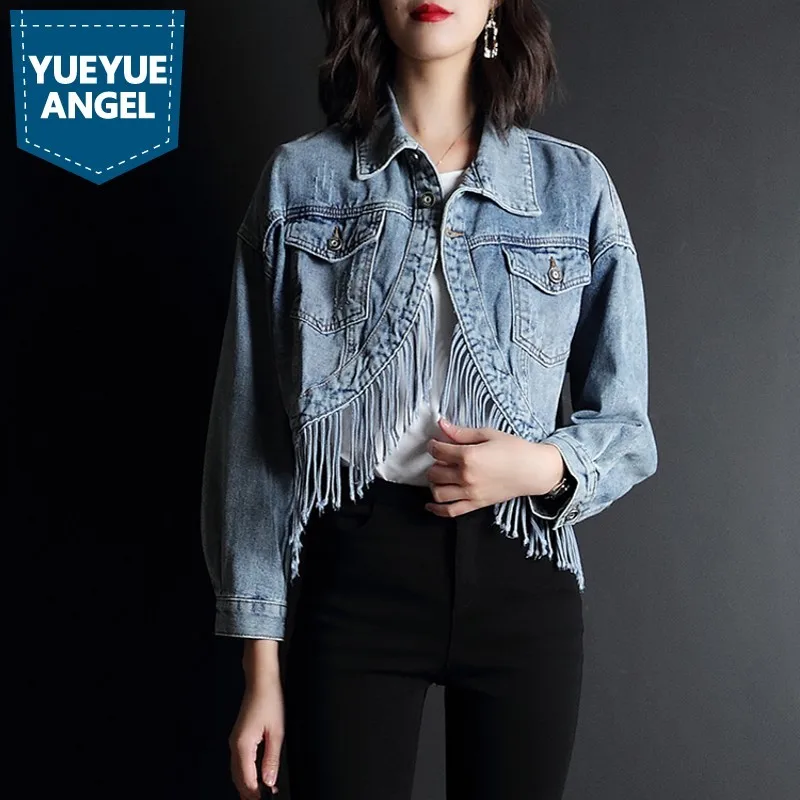 Designer New Tassel Patchwork Womens Denim Short Jackets Fashion Three Quarter Sleeve Single Button Female Loose Outwear Coats
Designer New Tassel Patchwork Womens Denim Short Jackets Fashion Three Quarter Sleeve Single Button Female Loose Outwear Coats
