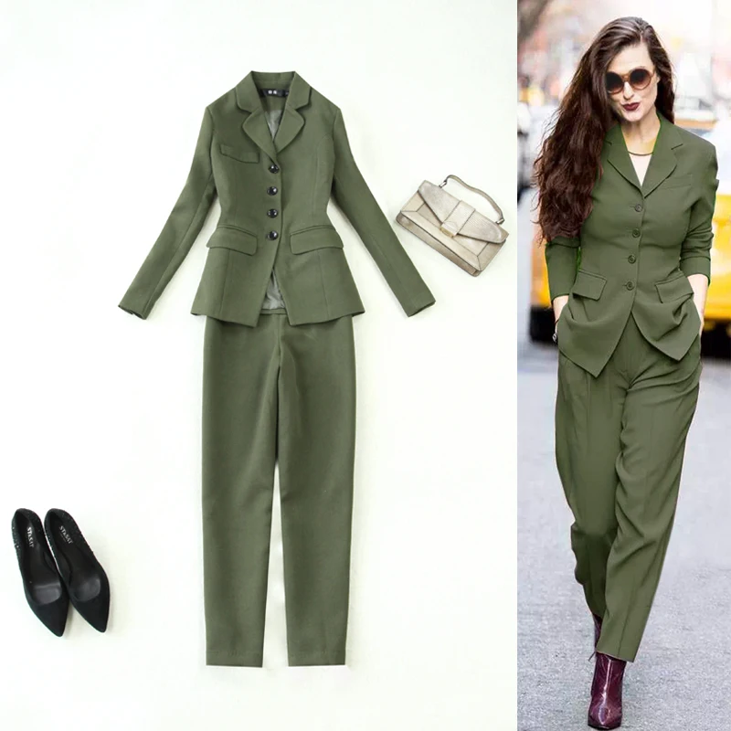 Set women's autumn and winter new style army green temperament slim slimming long suit + harem pants trousers set two sets 
Set women's autumn and winter new style army green temperament slim slimming long suit + harem pants trousers set two sets
