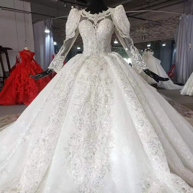 

Luxurious Wedding Dress Puffy Long Sleeves Lace Appliques Bridal Gowns Custom Made O Neck Beads Sweep Train Vestido de novia