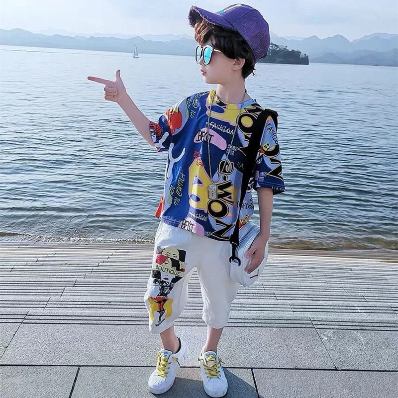 Фото 2020 Kids Boys Clothes Boy Summer Clothing Sets Short Sleeves Print Tops Shirt+ pant Suits Children | Мать и ребенок