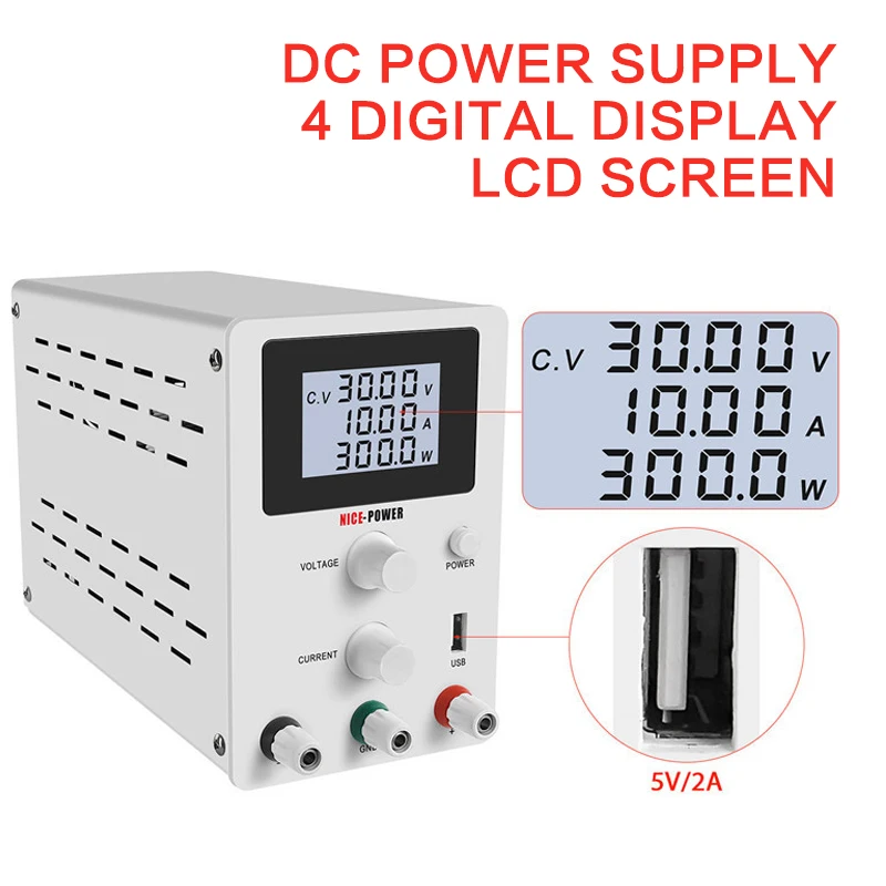 DC LCD screen 4 Digital Display lab Power Supply Adjustable Voltage Regulated Switching Power Supplies 30V10A Bench Power Source 
DC LCD screen 4 Digital Display lab Power Supply Adjustable Voltage Regulated Switching Power Supplies 30V10A Bench Power Source