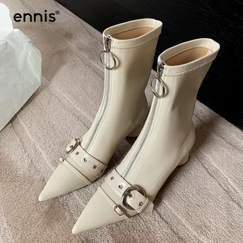 ENNIS Front Zip Boots Pointed Toe Women Ankle Boots Med Heel Designer Boots Stretch With Buckles Shoes Autumn Winter NEW A0169 
ENNIS Front Zip Boots Pointed Toe Women Ankle Boots Med Heel Designer Boots Stretch With Buckles Shoes Autumn Winter NEW A0169