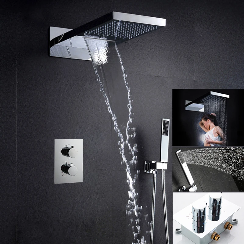 

BAKALA Black Thermostatic Shower Faucets Set Rain Waterfall Shower Head With 3-Way Thermostatic Mixer Tap Bath Shower Faucet