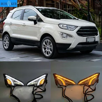 2PCS Car LED DRL Daytime Running Light For Ford EcoSport 2018 2019 2020 Yellow Turn Signal Function Waterproof Fog Lamp cover