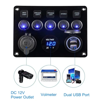 5 Gang Switch Panel 12V/24V Digital Voltmeter Blue LED Equipped With Cigarette Lighter Socket 4.2A Dual USB Port For RV Car Boat
5 Gang Switch Panel 12V/24V Digital Voltmeter Blue LED Equipped With Cigarette Lighter Socket 4.2A Dual USB Port For RV Car Boat