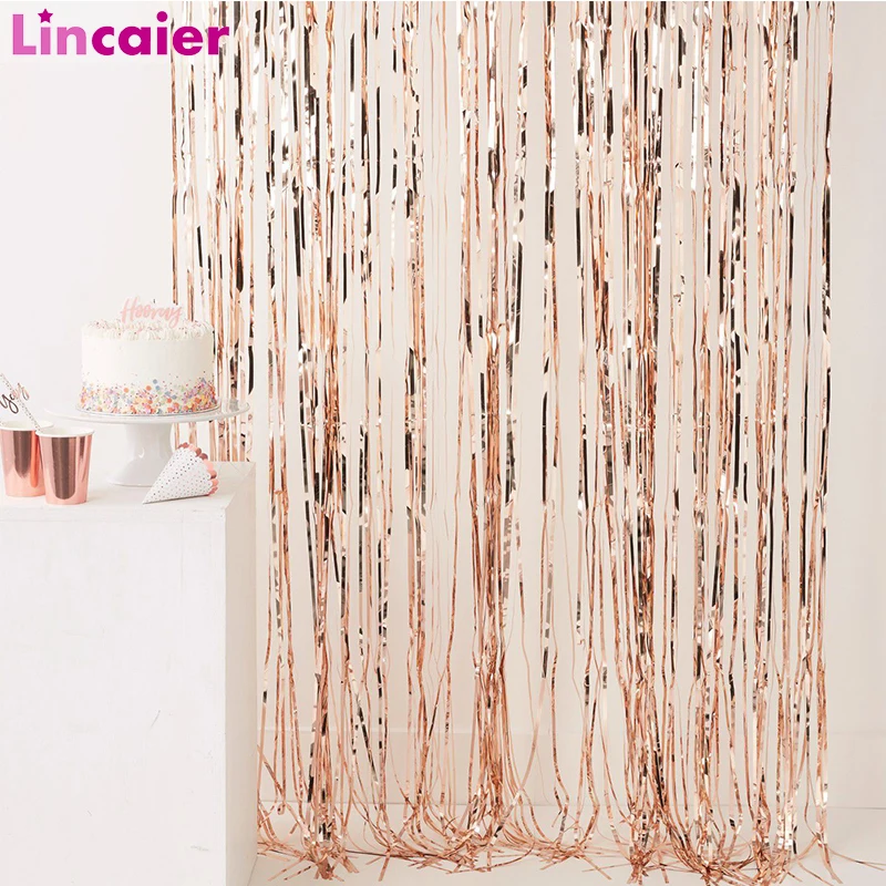 

2M Rose Gold Metallic Foil Tinsel Fringe Curtain Happy Birthday Decoration First Birthday Boy Girl Party Backdrop Decor 1st