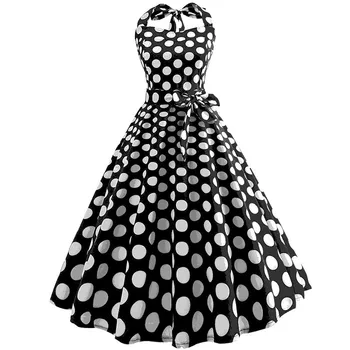 

2019 Plus Size Polka Dot Dress Women Vintage Swing Halter Belt 50s 60s Rockabilly Prom Party Dresses Retro Feminino Vestidos