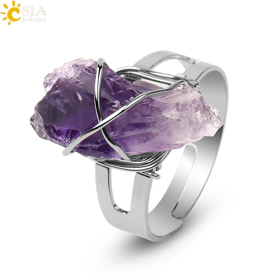 CSJA Women Ring Natural Stone Irregular Crystal Silver Color Wire Wrapped Adjustable Open Rings Reiki Fashion Jewelry Party G559 | Украшения