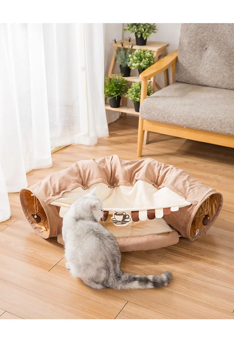 Wood - Cat Bed Tunnel Collapsible Removeable Cat House Tube For Cats Puppy Pet Interactive Play Toys with Plush Balls Pet Supplies
