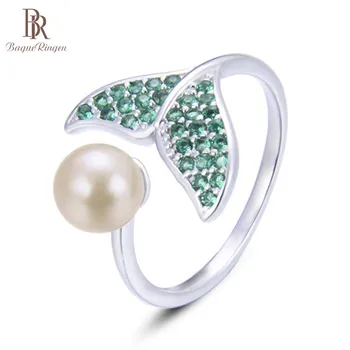 

Bague Ringen Resizable Pearl Ring for Women Pure Sterling Silver 925 Jewelry Green Zircon Leaf Plant Female Dating Accessory