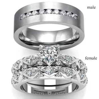 

Carofeez Trendy Lover's Rings Simple Stainless Steel Men's Ring Romantic Heart Rhinestones Zircon Women‘s Rings Set