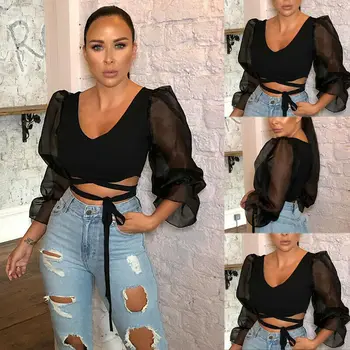 Fashion Womens Black Sheer Mesh Puff Sleeve Cropped Tops Bandage Puff Slim Fit Vest Tee Female Casual Shirt Blouse Deep V Blusas
Fashion Womens Black Sheer Mesh Puff Sleeve Cropped Tops Bandage Puff Slim Fit Vest Tee Female Casual Shirt Blouse Deep V Blusas