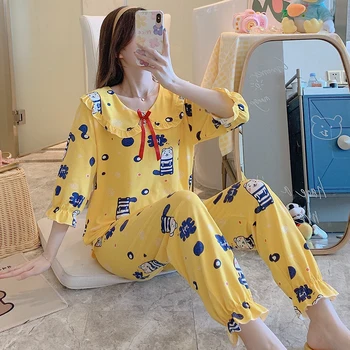 Cartoons Printed Sleepwear 2 Pieces Pajamas Female V-neck Long Sleeve Elastic Waist Nightwear Women's Pajamas Set
Cartoons Printed Sleepwear 2 Pieces Pajamas Female V-neck Long Sleeve Elastic Waist Nightwear Women's Pajamas Set
